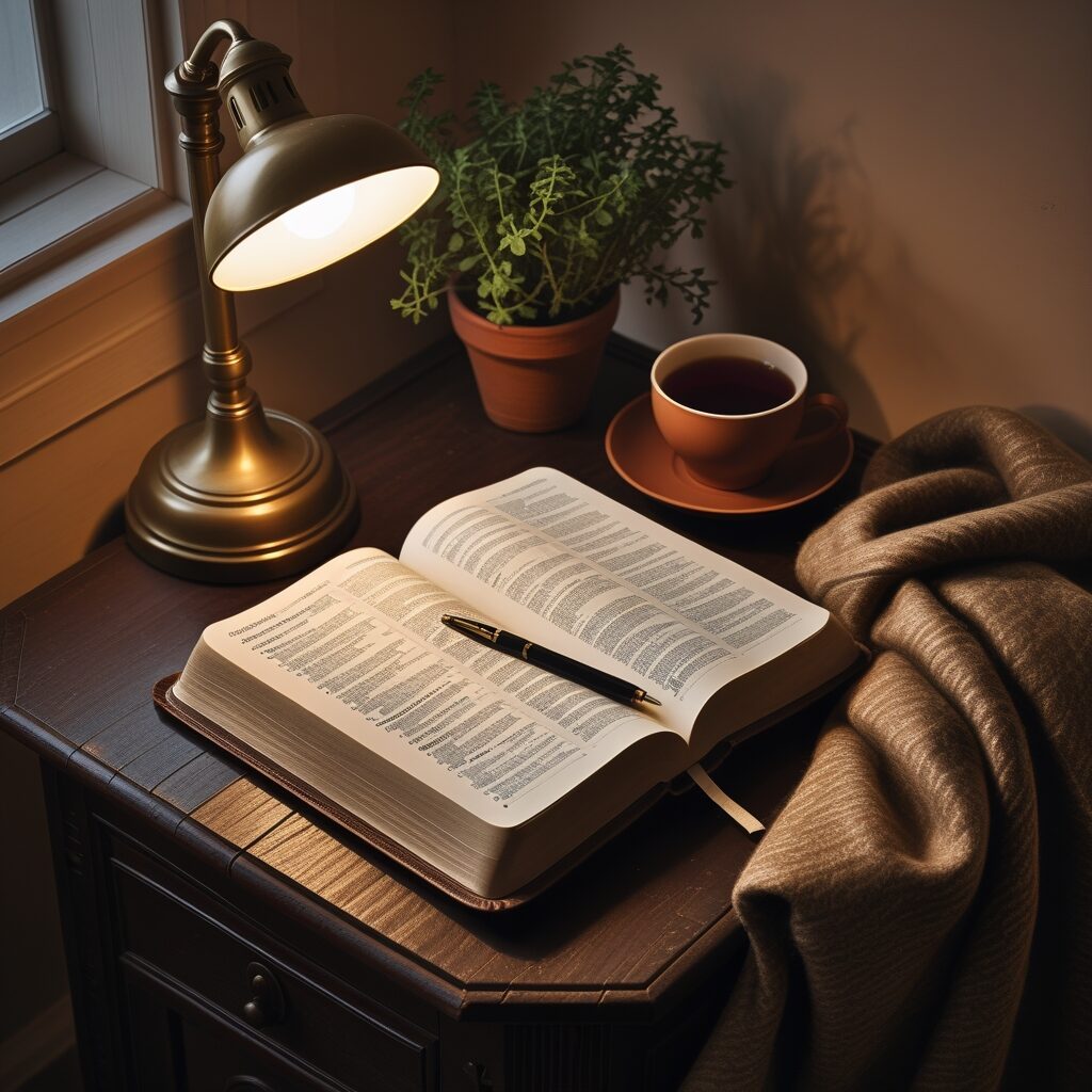 A quiet still-life at golden-hour: a worn leather notebook open on a wooden table, a small ceramic bowl of fresh strawberries, a glass of water with a sprig of rosemary, an unlit candle, soft window-light on a shiplap wall. No bottle, no screen, no cigarette.