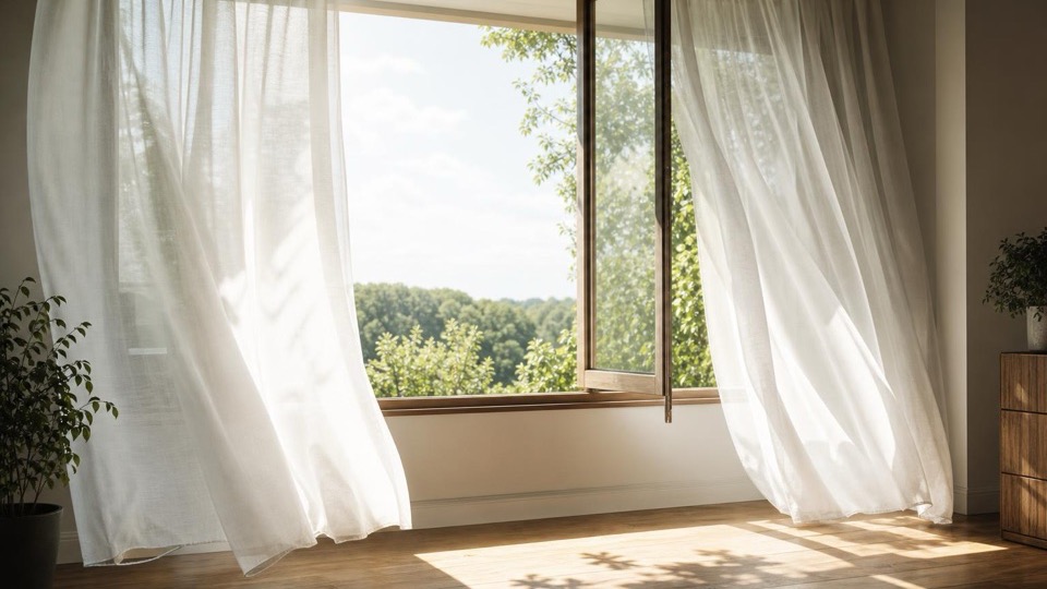 An open window with sheer curtains lifting in the breeze, fresh morning light filling the room
