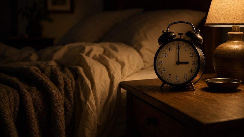 An alarm clock showing 3 o'clock on a nightstand in warm lamplight beside an unmade bed