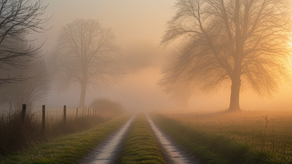 A country footpath disappearing into morning fog with warm sunrise light breaking through
