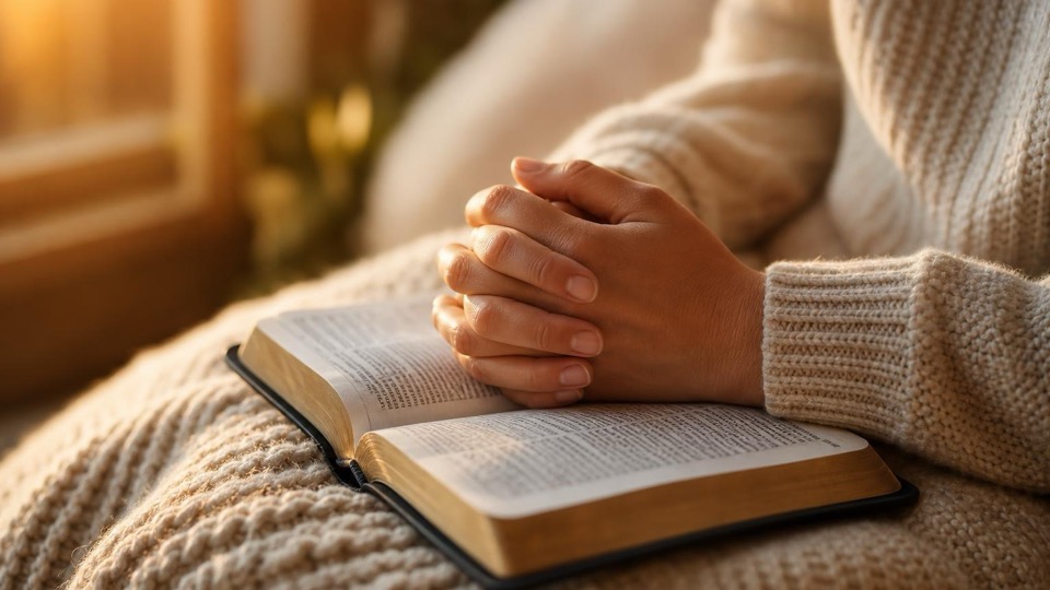 Hands folded at rest on an open Bible in warm window light