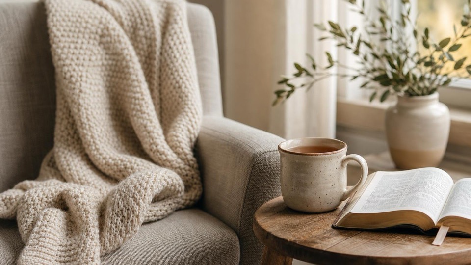 An armchair with a folded blanket, a mug of tea and an open Bible on the side table, in soft muted morning light