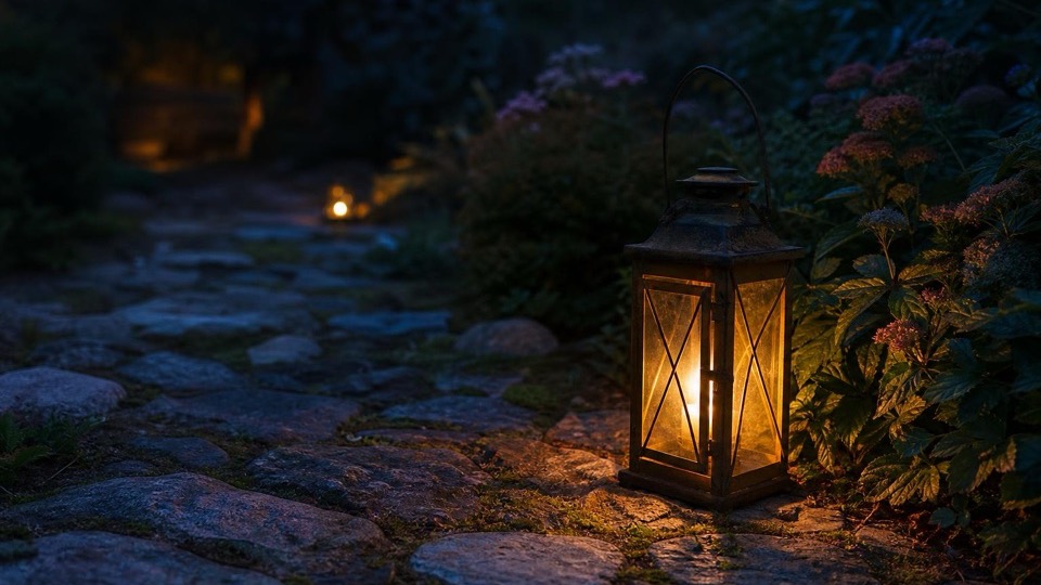 A warm lantern glowing on a dark garden path at dusk