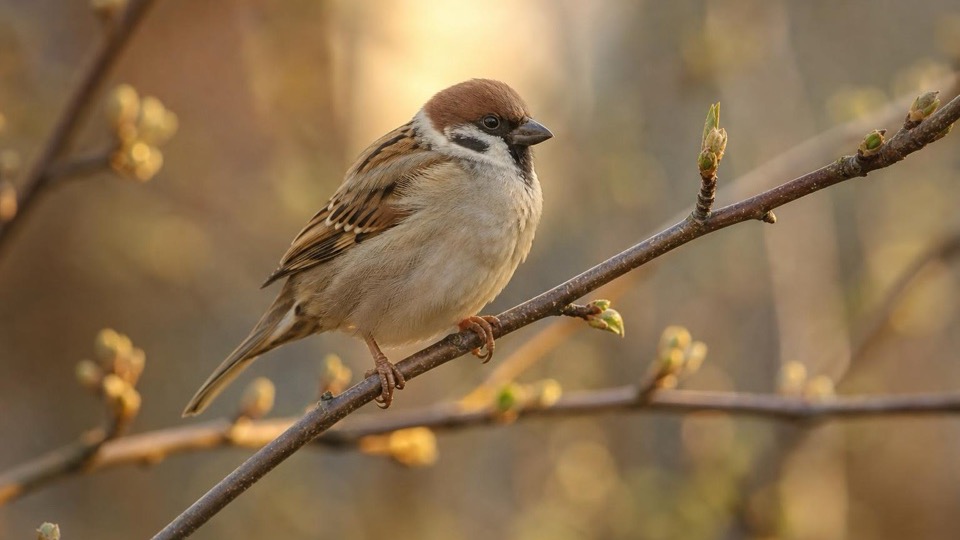 A small sparrow perched on a branch in soft golden morning light