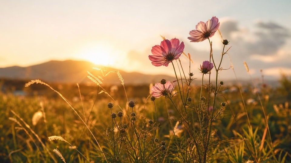 Wildflowers standing in warm evening light in a quiet meadow