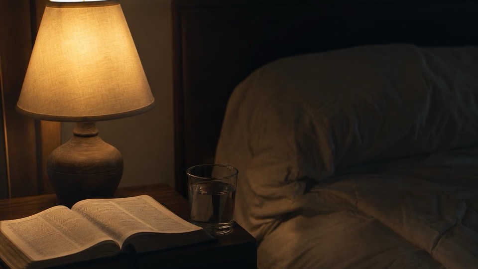 A warm bedside lamp glowing in a dark bedroom, an open Bible and a glass of water on the nightstand