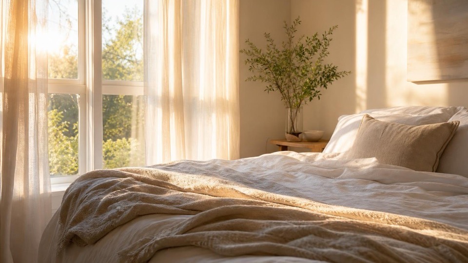 Soft morning light coming through linen curtains onto a neatly made bed