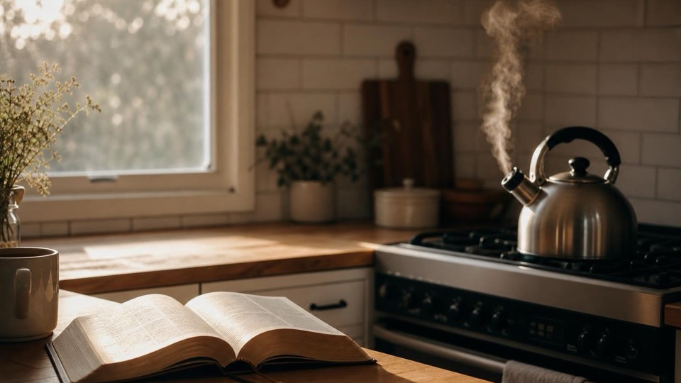A quiet kitchen in early morning light, a kettle on the stove and an open Bible on the counter