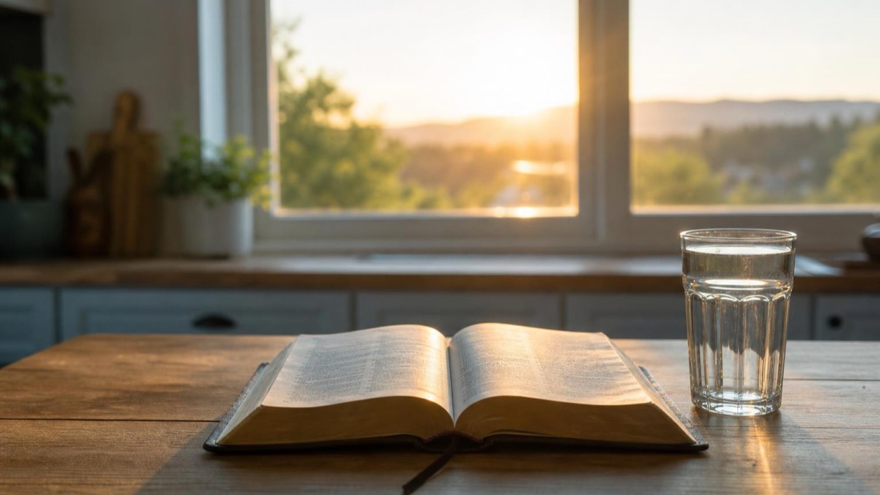 Bible verses for addiction — an open Bible on a kitchen table in early morning light, a fresh day beginning outside the window