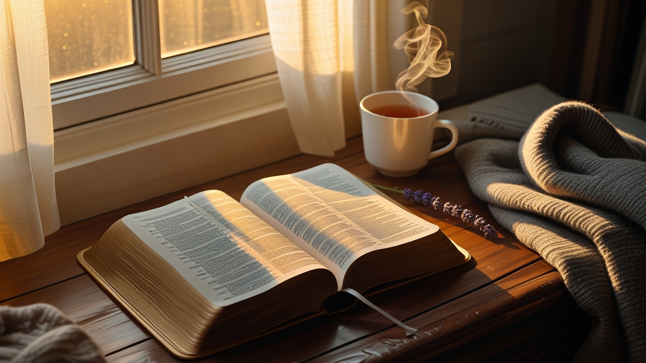 Bible verses for anxiety — an open Bible on a wooden table in soft dawn light, a folded blanket and a mug of tea beside it