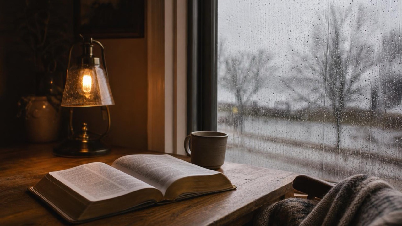 Bible verses for depression — an open Bible on a wooden table beside a rain-streaked window, a warm lamp glowing against the grey day outside