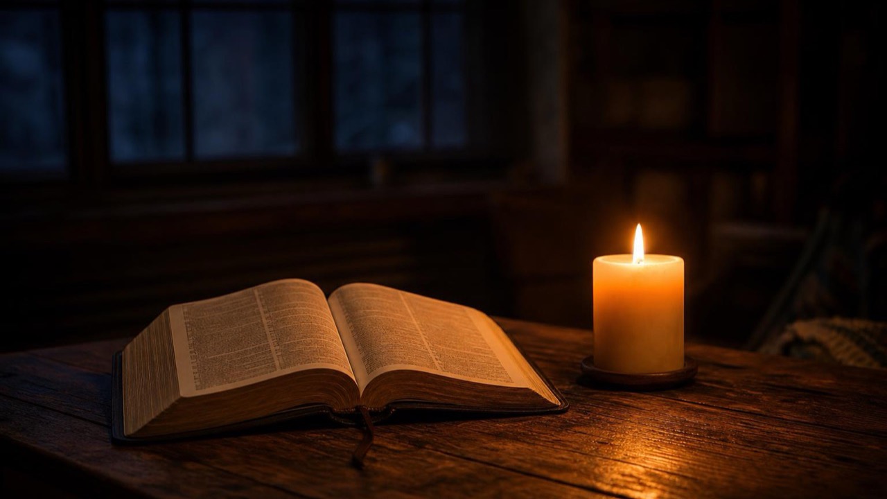 Bible verses about fear — an open Bible beside a lit candle in a dim room, warm light holding back the dark