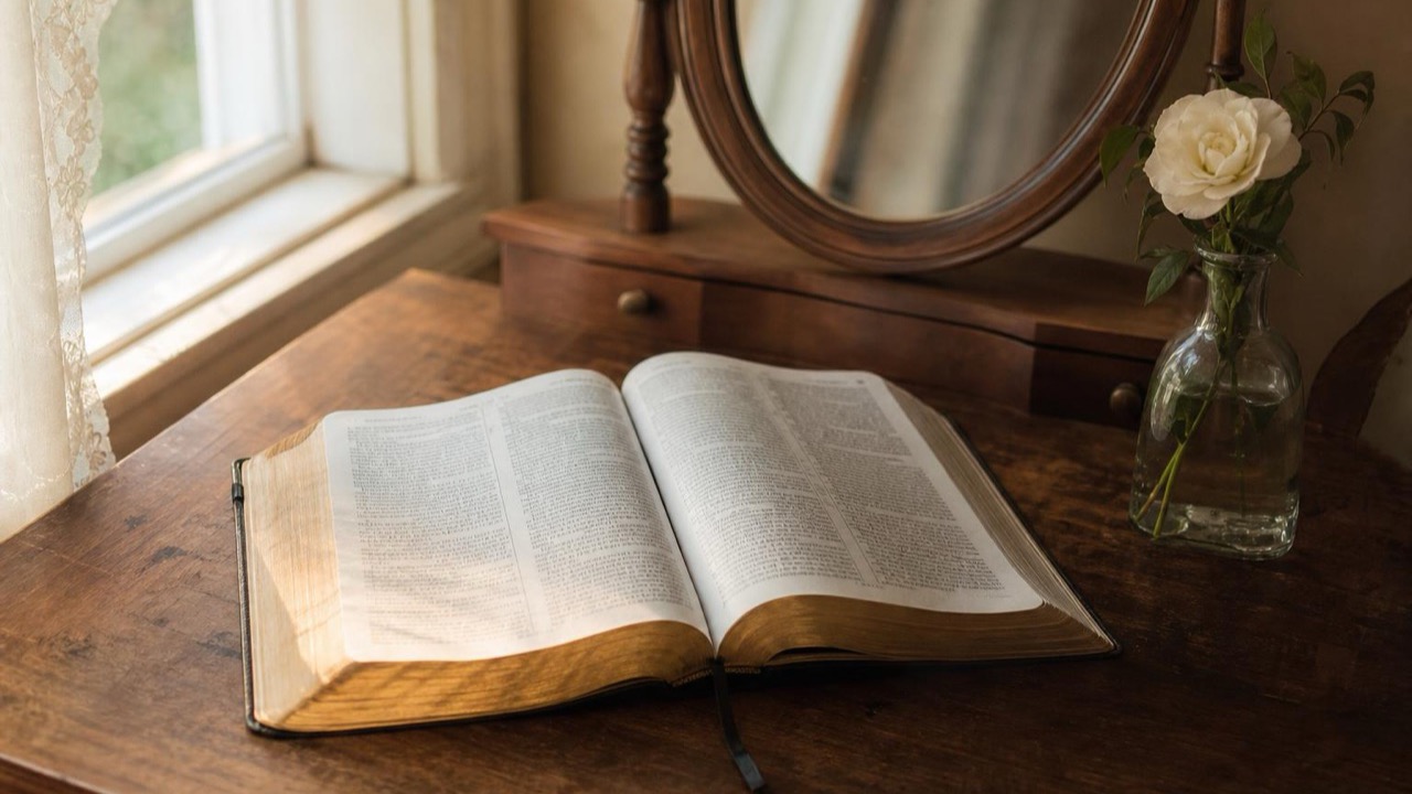 Bible verses about self-worth — an open Bible on a dressing table beside a small mirror in soft morning light