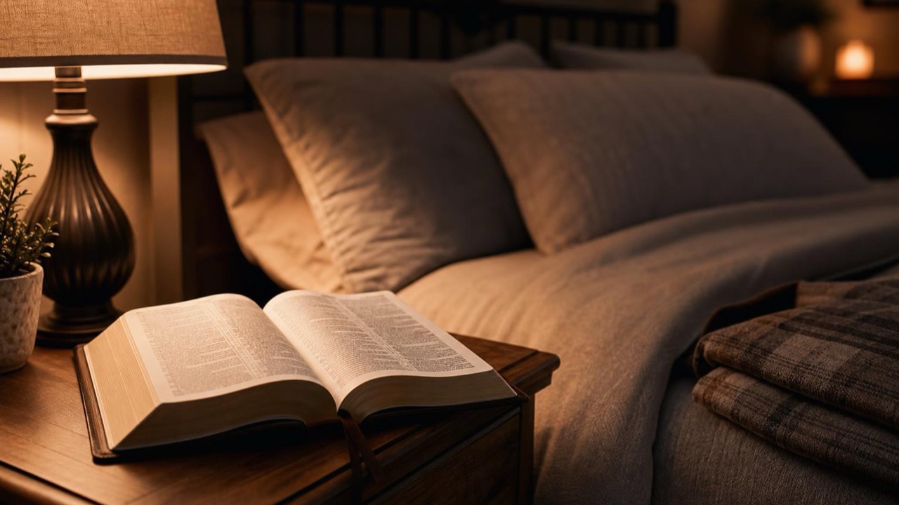 Bible verses for sleep — an open Bible on a nightstand in warm lamplight beside a bed, the room dim and quiet