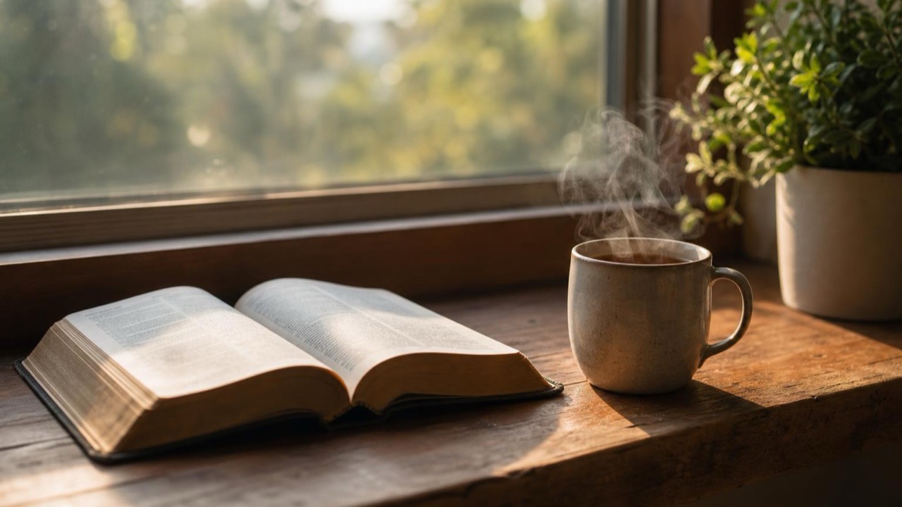 Bible verses for stress — an open Bible and a steaming mug on a windowsill in soft morning light, a quiet corner of a busy home