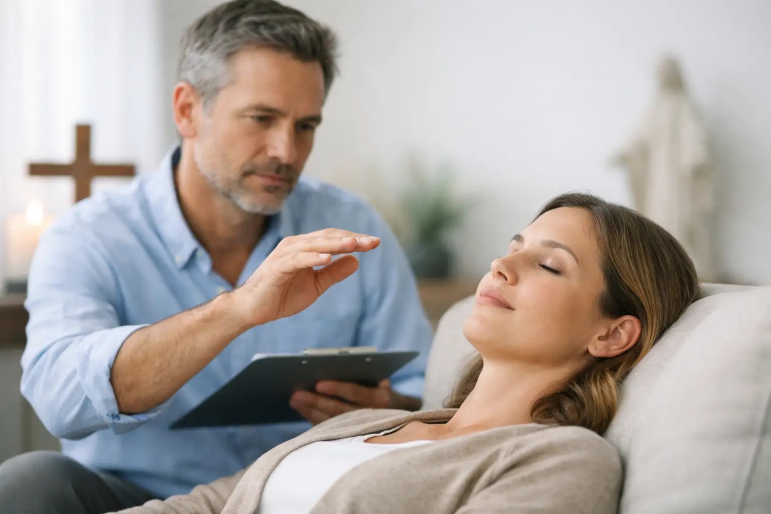 A Christian hypnotherapist guiding a relaxed client, a wooden cross on the shelf behind them