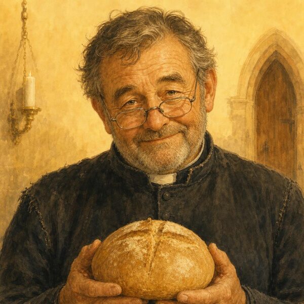 George Stubbs, the broad, bearded village verger, holding a loaf of communion bread.
