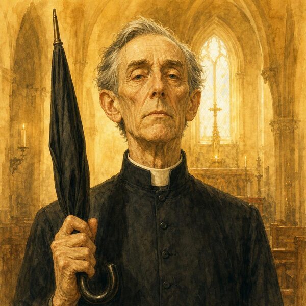 Jeddiah Finch, the tall, gaunt, severe sidesman, holding a black umbrella upright like a pike.
