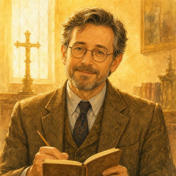 Dr Joseph Miller, the Christian hypnotherapist, in a tweed jacket and spectacles with a notebook.