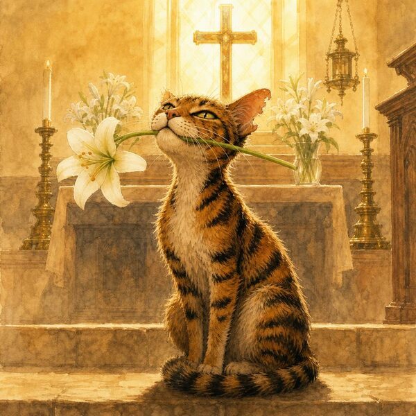 Nebuchadnezzar, the mangy ginger church cat, with a white altar lily in his mouth.