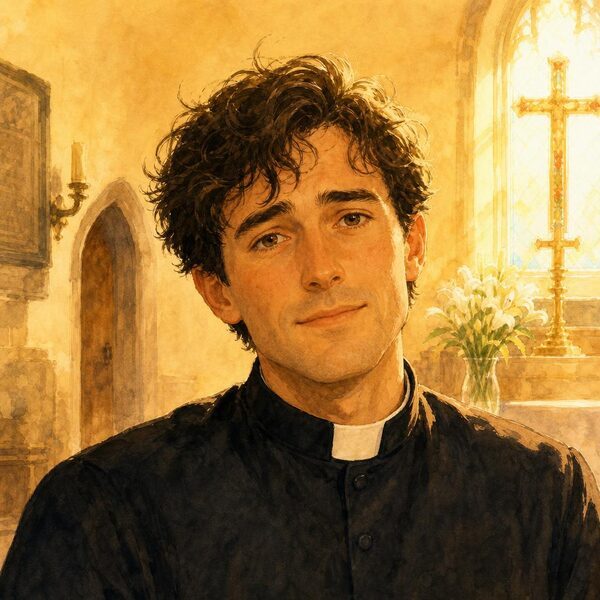 Reverend Thomas Hayes, the anxious young vicar, in a black cassock and white collar.