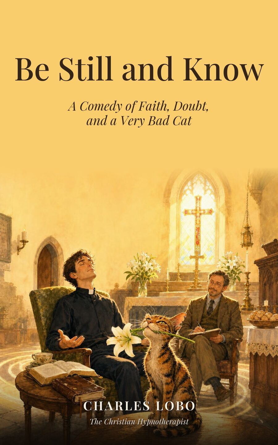 Be Still and Know book cover — a young vicar sits with his eyes closed in a sunlit church while a mangy ginger cat chews an altar lily and a tweed-jacketed hypnotherapist takes notes.