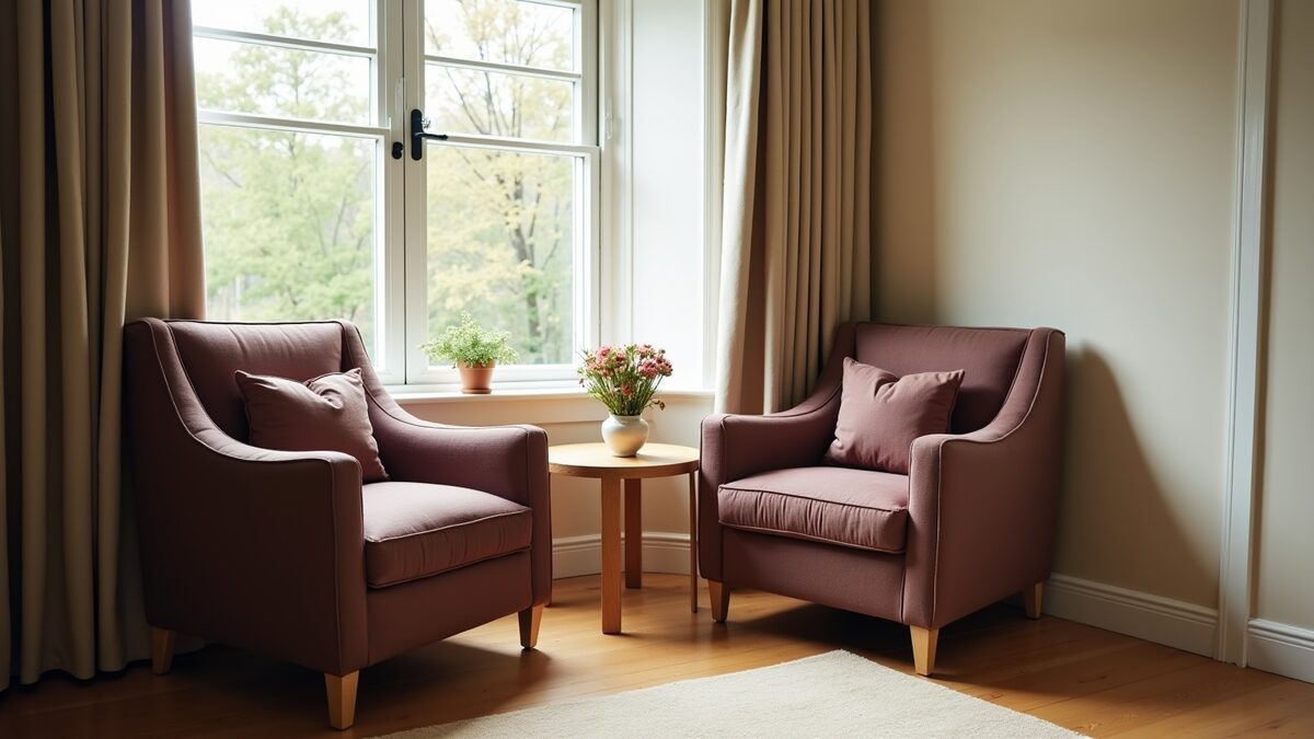 Two armchairs facing each other across a low wooden table by a sunlit window &mdash; the kind of quiet room a session settles into