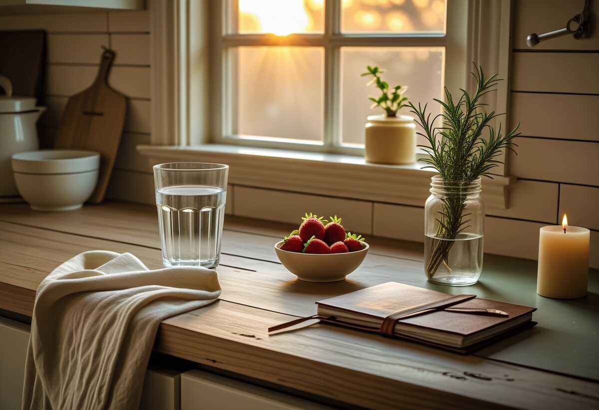 A serene morning kitchen interior — sunrise light through a window onto a wooden countertop with a glass of water, a small ceramic bowl of fresh strawberries, rosemary in a jar, a worn leather notebook and an unlit candle