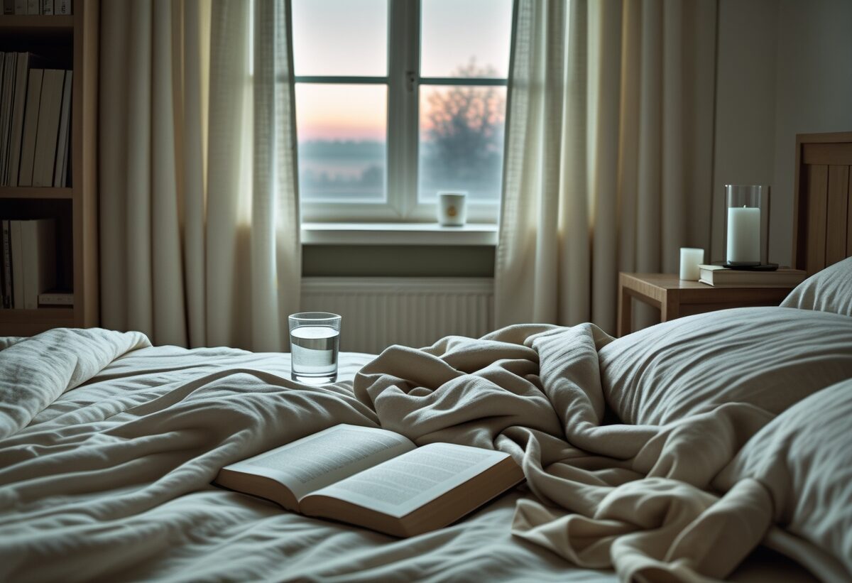 A quiet bedroom interior at pre-dawn — soft light through linen curtains, an unmade bed with a glass of water and an open book on the nightstand, a candle nearby, the moment of stillness after a hard night