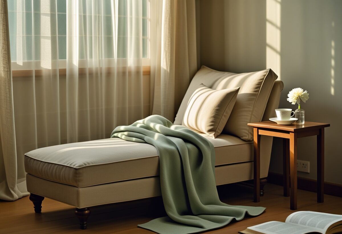 A peaceful corner with a linen-draped chaise lounge near a tall window with sheer curtains catching afternoon light, a folded sage-green woolen blanket over one end, a porcelain teacup and a single white flower on a small wooden side table