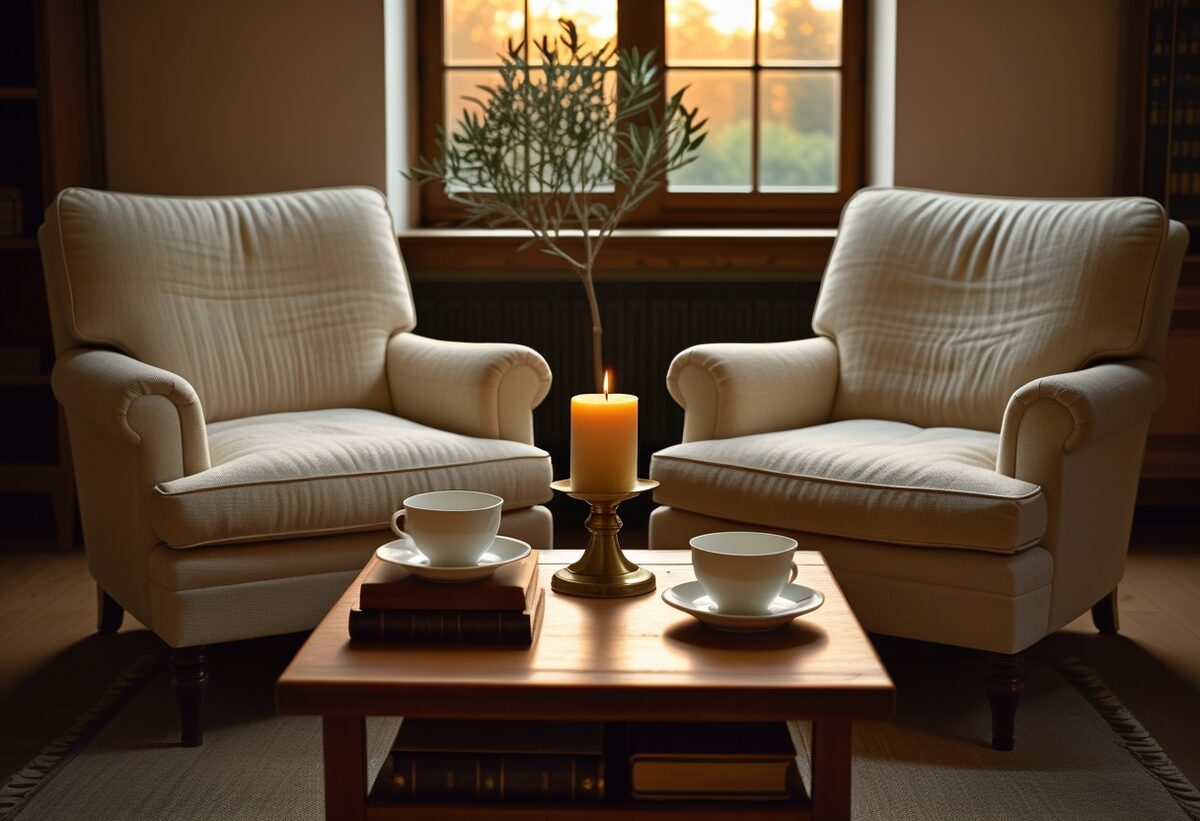 Two cream linen armchairs facing each other across a low wooden table holding two empty teacups, an unlit candle in a brass holder, a small stack of leather-bound books and a sprig of olive branches in warm evening light