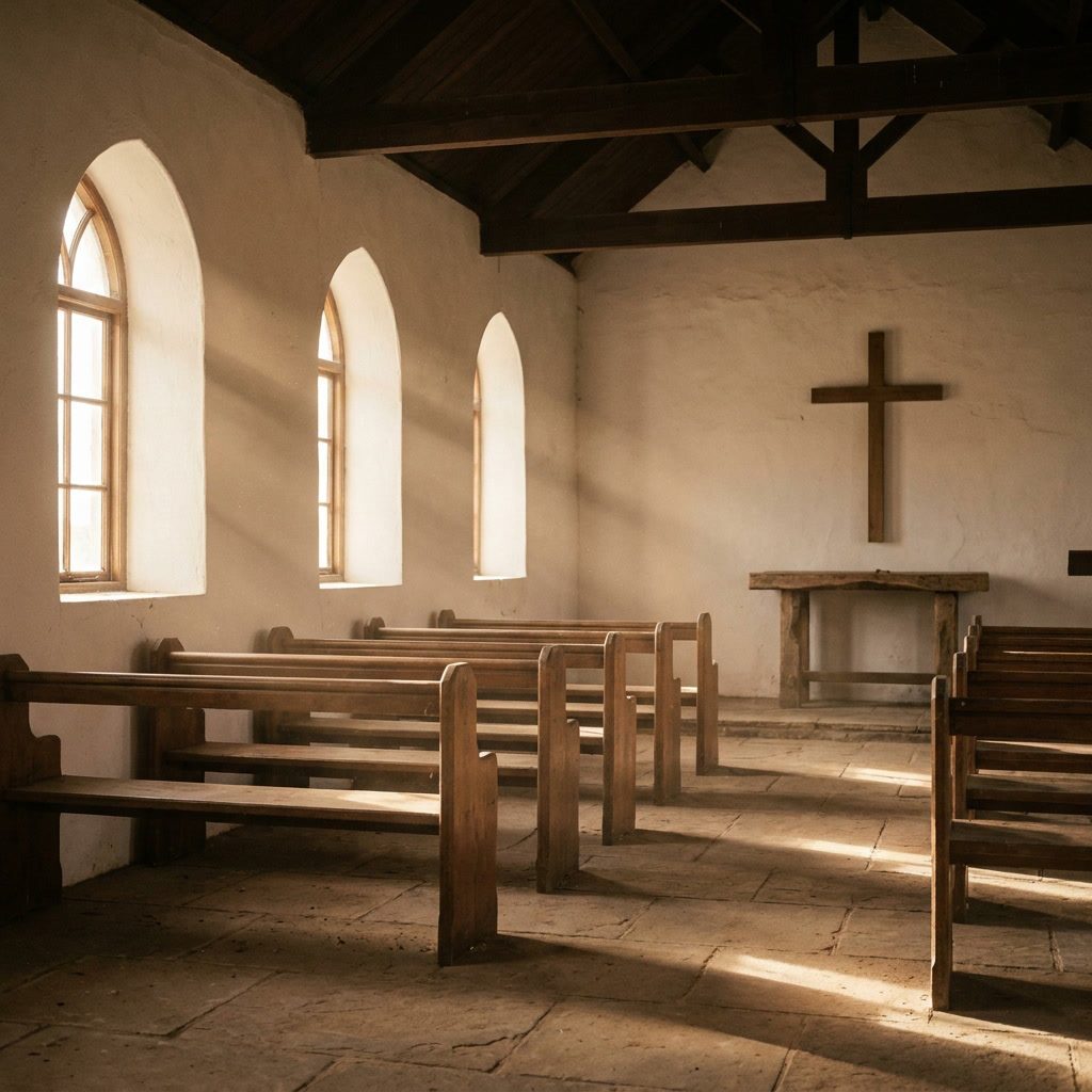 A small empty country chapel at golden hour, warm light streaming through tall arched windows onto wooden pews and a flagstone floor