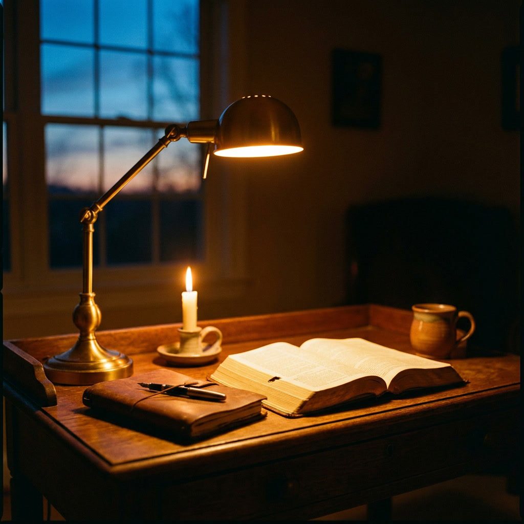 A quiet study at dusk: a single lit candle, a brass reading lamp, an open Bible, and a worn leather notebook