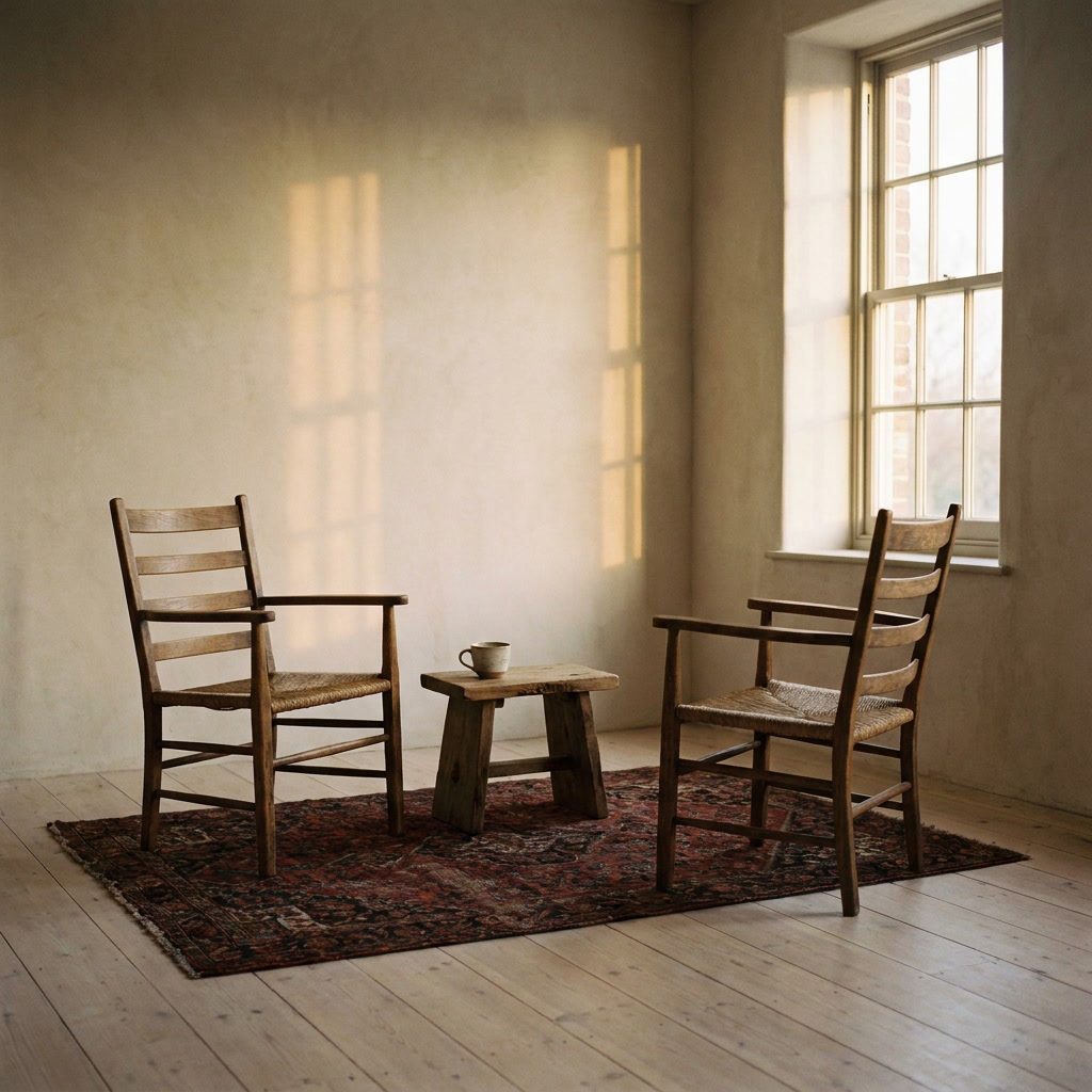 Two simple wooden chairs facing each other in a quiet sunlit room — a conversation about to begin