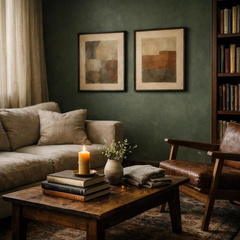 A practitioner's consulting room: a linen sofa and a leather chair facing each other across a low wooden table with books and a candle