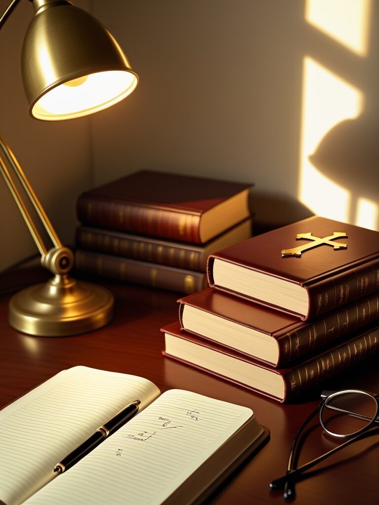 A writing desk in warm afternoon light — open notebook with a fountain pen, leather-bound books with a gilt cross on one spine, brass lamp