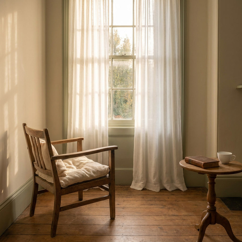 A quiet room with an empty wooden armchair facing a tall window, sheer linen curtains catching warm afternoon light, and a side table holding a worn leather-bound book and a white teacup — the kind of place to sit with a hard question