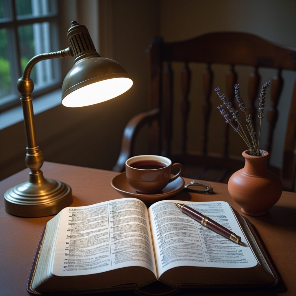 A quiet desk at evening: an open Bible turned to Galatians 2 with a small leather notebook beside it, a brass reading lamp casting warm directional light, a half-drunk teacup, and the weight of an ordinary day made still — no couple-on-a-beach, just the place a reactive pattern finally gets named.