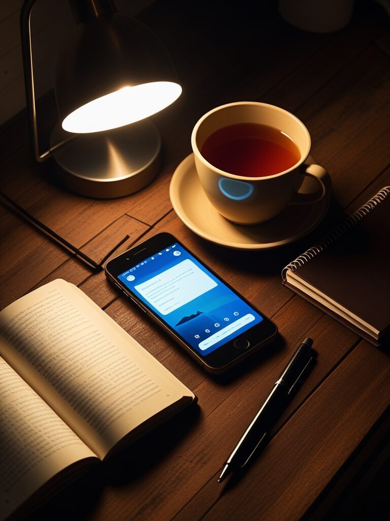 A late-evening still-life — phone face-up glowing with a feed, an unread paperback closed beside it, half-finished cup of tea, an open notebook with a single pen across it — the 11:47pm moment after the day has gotten away