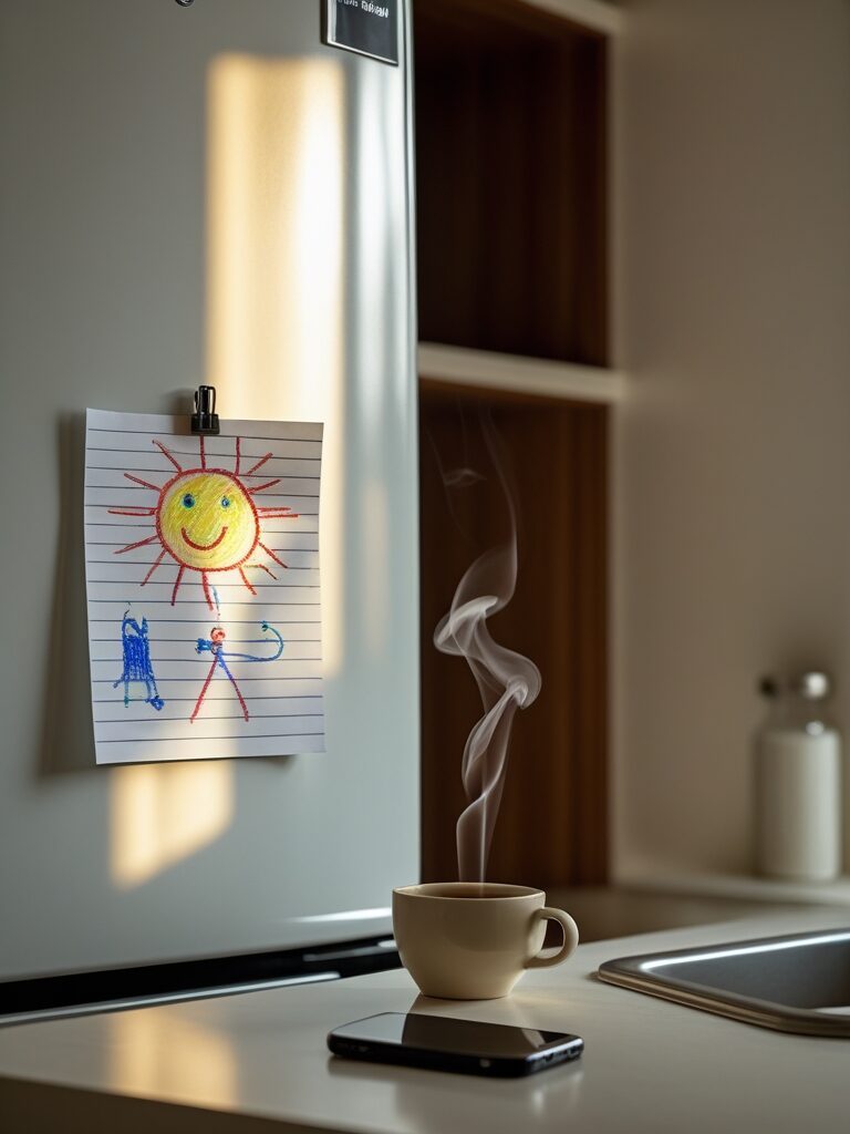 A quiet kitchen morning in soft light: a small grandchild's drawing pinned to the fridge, a half-finished cup of tea, a phone face-down on the counter, a window with morning light. No cigarettes in frame.