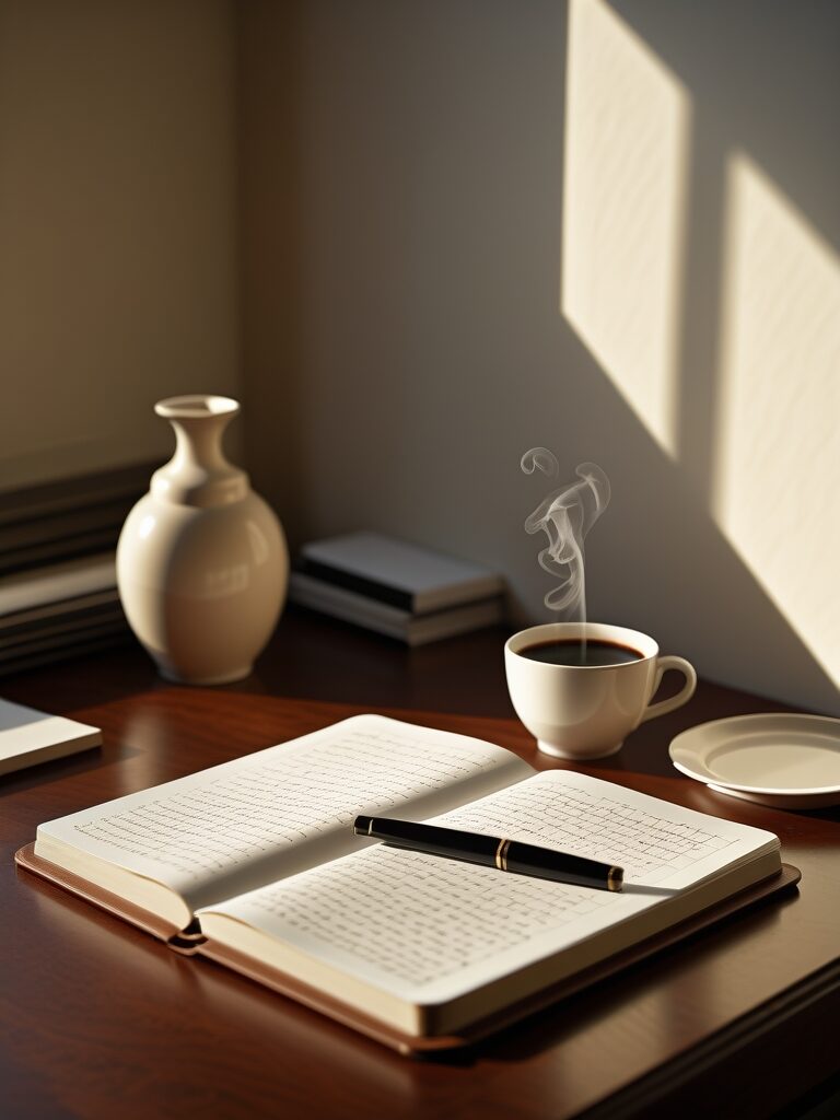 A quiet bedside table in morning light: a small clock, an open notebook with a fountain pen, a glass of water. No device in frame.